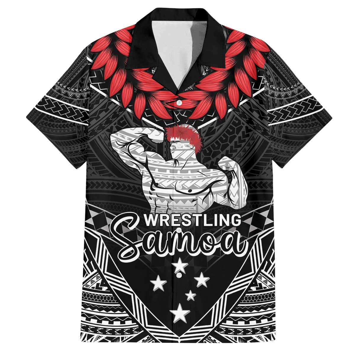 Custom Samoa Wrestling Family Matching Off The Shoulder Long Sleeve Dress and Hawaiian Shirt Samoan Wrestler Ulafala Style LT05 Dad's Shirt - Short Sleeve Black - Polynesian Pride