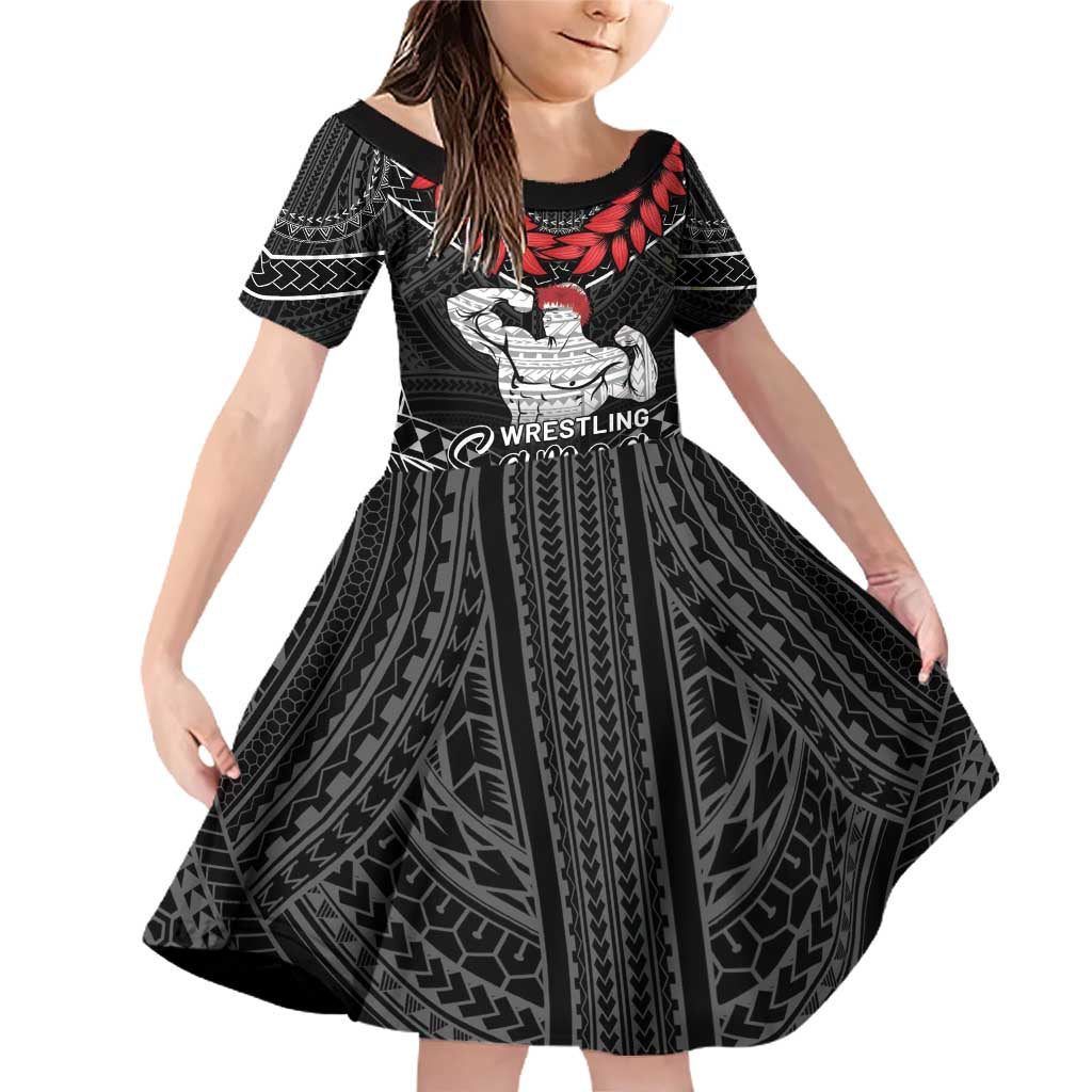 Custom Samoa Wrestling Family Matching Off Shoulder Short Dress and Hawaiian Shirt Samoan Wrestler Ulafala Style LT05 Daughter's Dress Black - Polynesian Pride