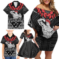 Custom Samoa Wrestling Family Matching Off Shoulder Short Dress and Hawaiian Shirt Samoan Wrestler Ulafala Style LT05 - Polynesian Pride