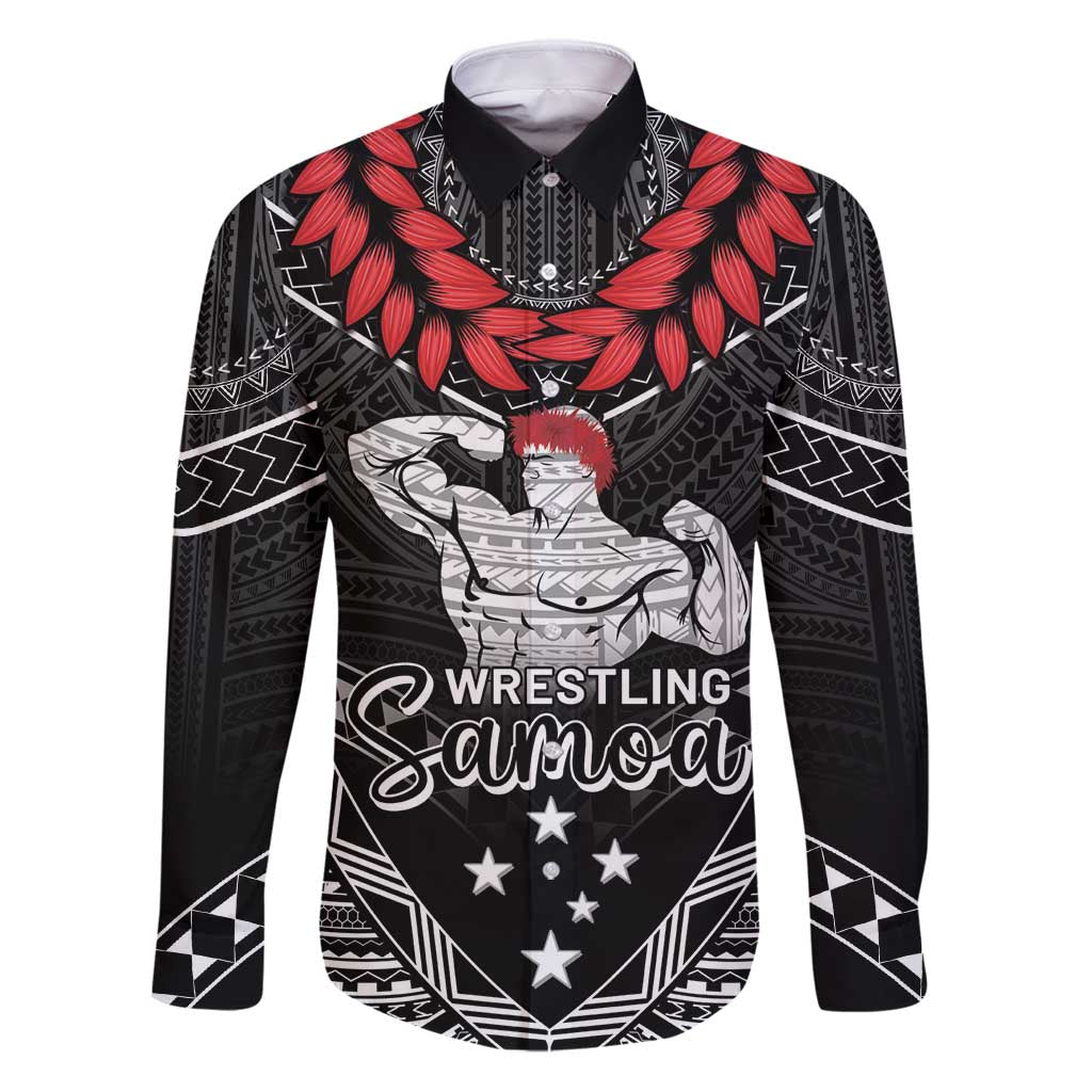 Custom Samoa Wrestling Family Matching Puletasi and Hawaiian Shirt Samoan Wrestler Ulafala Style LT05 Dad's Shirt - Long Sleeve Black - Polynesian Pride