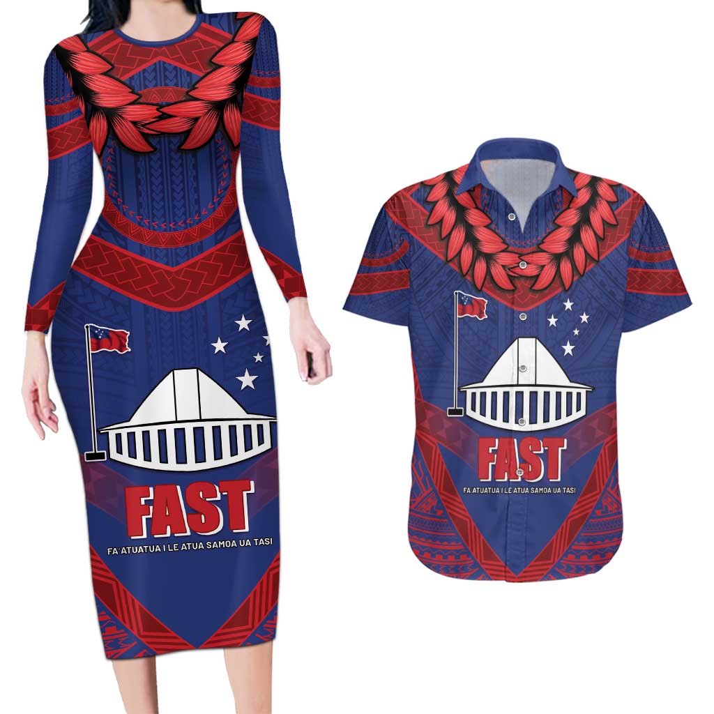 Personalised FAST Party Samoa Couples Matching Long Sleeve Bodycon Dress and Hawaiian Shirt Samoan Coat Of Arms Ulafala Style LT05 Blue - Polynesian Pride
