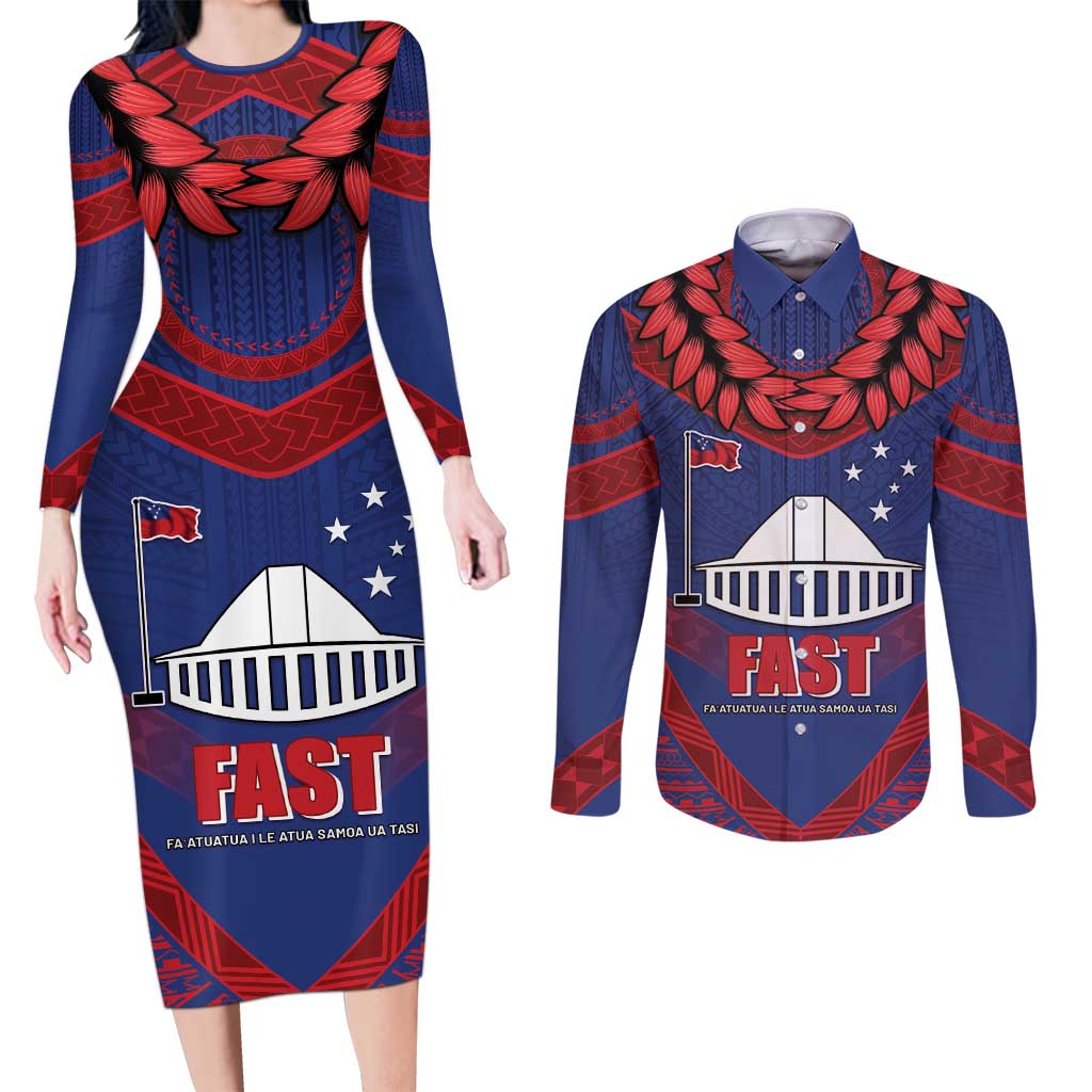 Personalised FAST Party Samoa Couples Matching Long Sleeve Bodycon Dress and Long Sleeve Button Shirt Samoan Coat Of Arms Ulafala Style LT05 Blue - Polynesian Pride