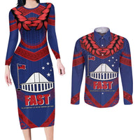 Personalised FAST Party Samoa Couples Matching Long Sleeve Bodycon Dress and Long Sleeve Button Shirt Samoan Coat Of Arms Ulafala Style LT05 Blue - Polynesian Pride