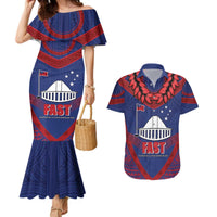 Personalised FAST Party Samoa Couples Matching Mermaid Dress and Hawaiian Shirt Samoan Coat Of Arms Ulafala Style LT05 Blue - Polynesian Pride
