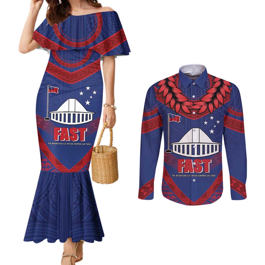 Personalised FAST Party Samoa Couples Matching Mermaid Dress and Long Sleeve Button Shirt Samoan Coat Of Arms Ulafala Style LT05 Blue - Polynesian Pride