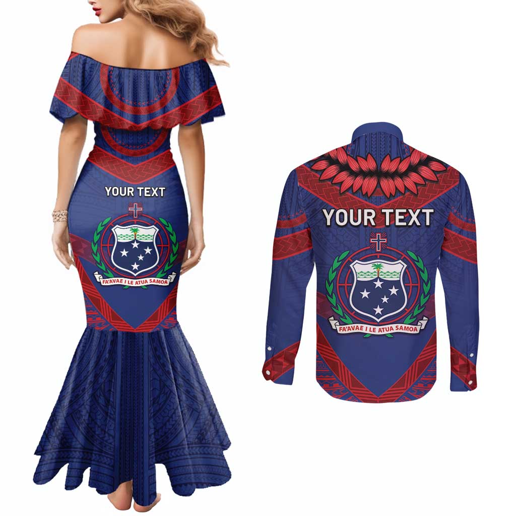 Personalised FAST Party Samoa Couples Matching Mermaid Dress and Long Sleeve Button Shirt Samoan Coat Of Arms Ulafala Style LT05 - Polynesian Pride