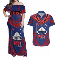 Personalised FAST Party Samoa Couples Matching Off Shoulder Maxi Dress and Hawaiian Shirt Samoan Coat Of Arms Ulafala Style LT05 Blue - Polynesian Pride