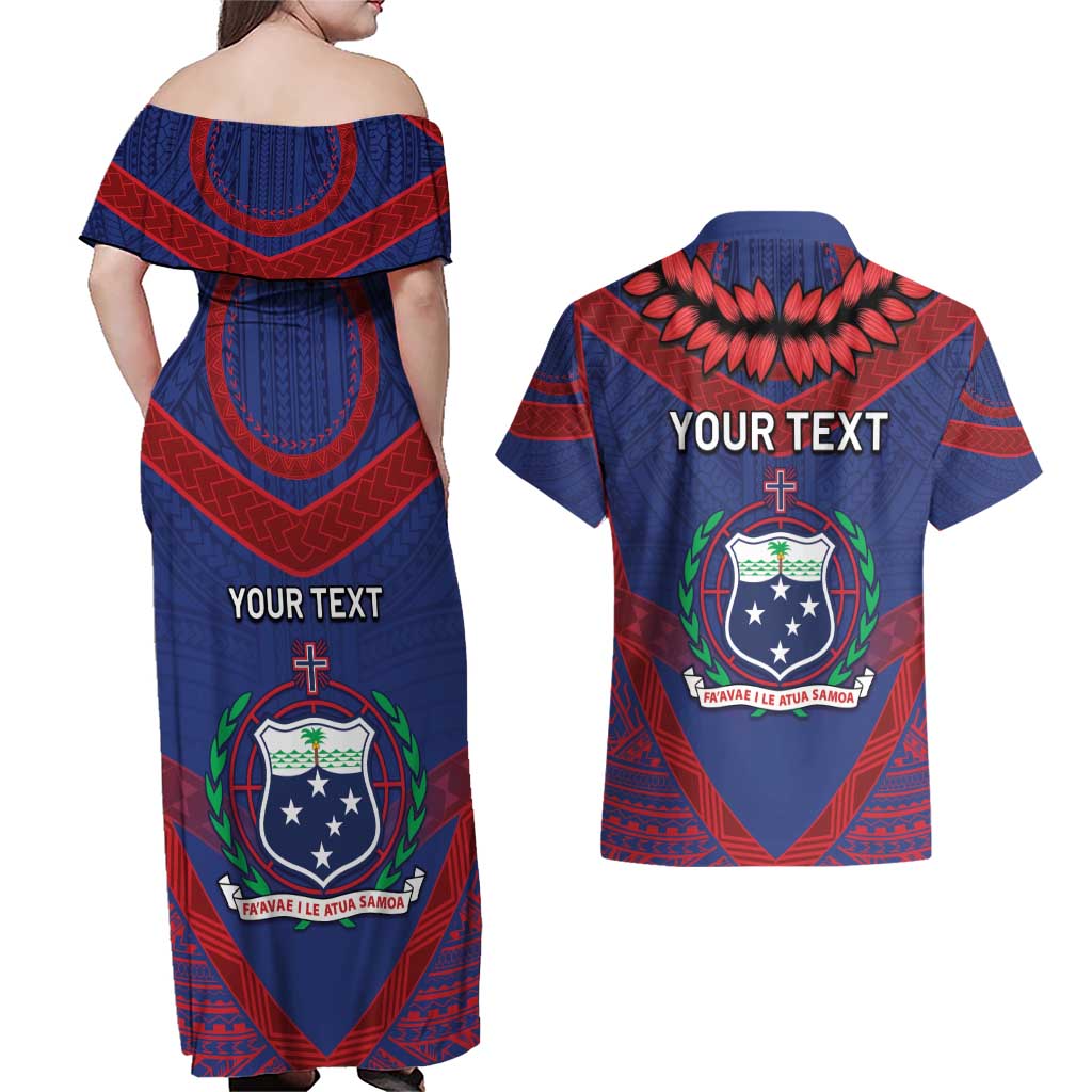 Personalised FAST Party Samoa Couples Matching Off Shoulder Maxi Dress and Hawaiian Shirt Samoan Coat Of Arms Ulafala Style LT05 - Polynesian Pride