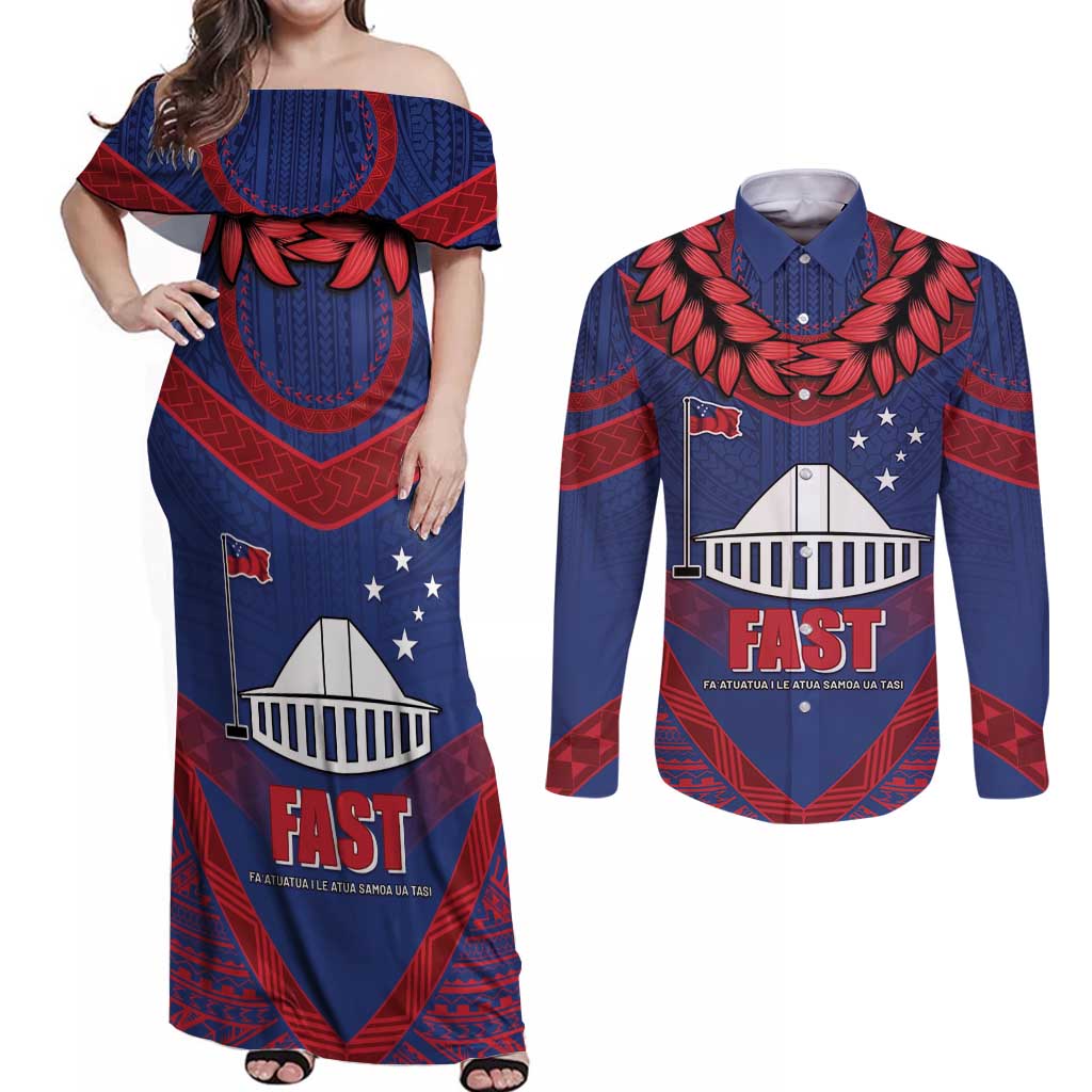 Personalised FAST Party Samoa Couples Matching Off Shoulder Maxi Dress and Long Sleeve Button Shirt Samoan Coat Of Arms Ulafala Style LT05 Blue - Polynesian Pride