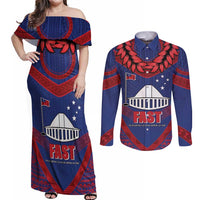 Personalised FAST Party Samoa Couples Matching Off Shoulder Maxi Dress and Long Sleeve Button Shirt Samoan Coat Of Arms Ulafala Style LT05 Blue - Polynesian Pride