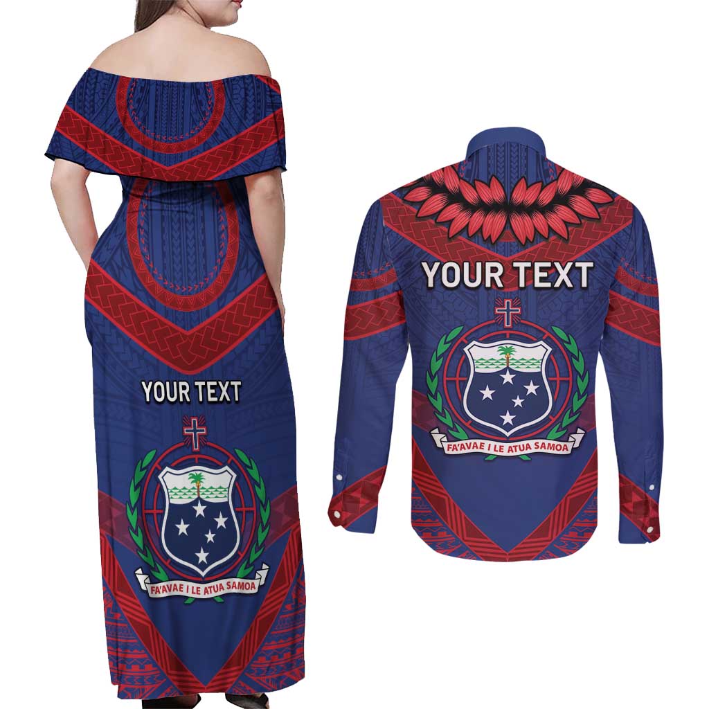 Personalised FAST Party Samoa Couples Matching Off Shoulder Maxi Dress and Long Sleeve Button Shirt Samoan Coat Of Arms Ulafala Style LT05 - Polynesian Pride