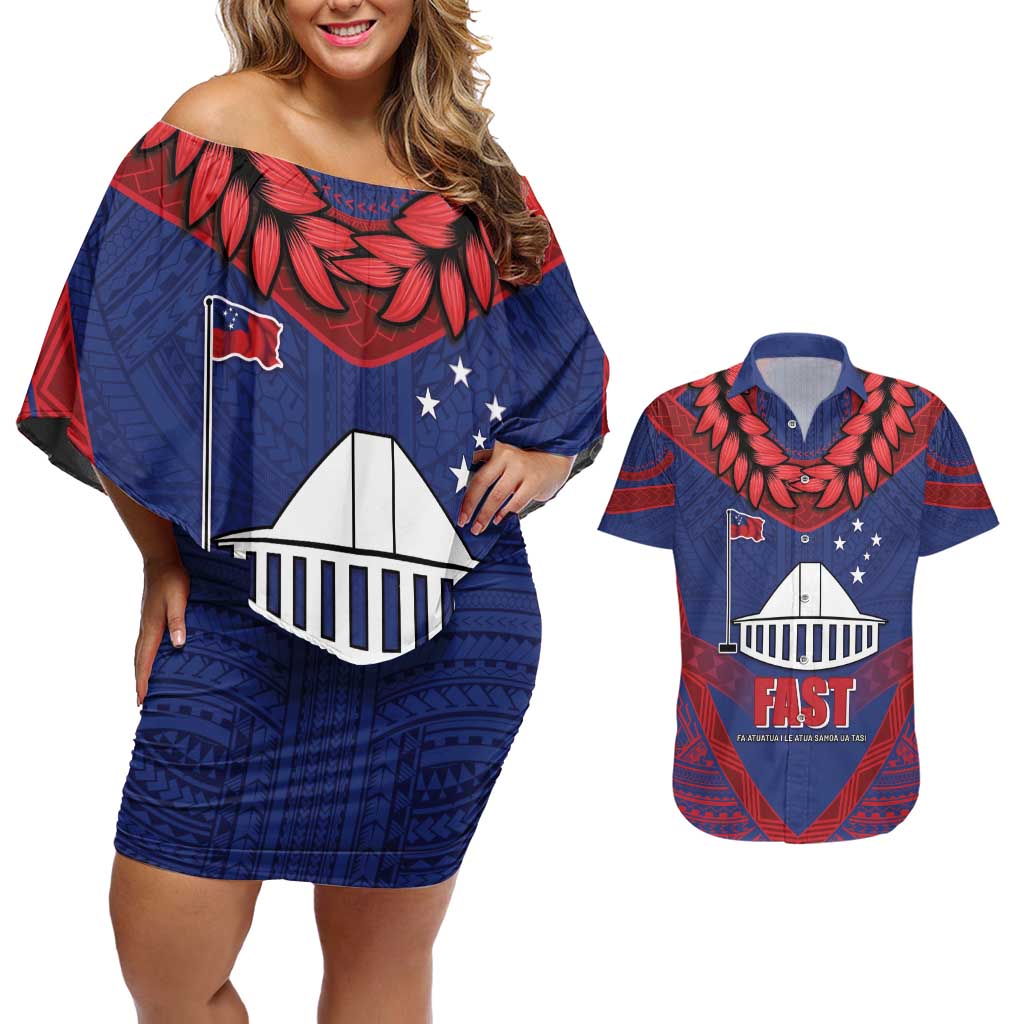 Personalised FAST Party Samoa Couples Matching Off Shoulder Short Dress and Hawaiian Shirt Samoan Coat Of Arms Ulafala Style LT05 Blue - Polynesian Pride