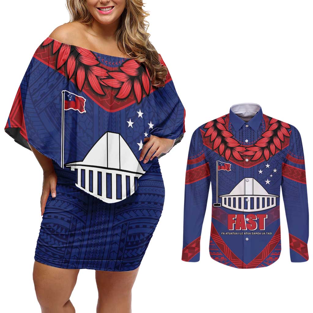 Personalised FAST Party Samoa Couples Matching Off Shoulder Short Dress and Long Sleeve Button Shirt Samoan Coat Of Arms Ulafala Style LT05 Blue - Polynesian Pride