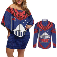 Personalised FAST Party Samoa Couples Matching Off Shoulder Short Dress and Long Sleeve Button Shirt Samoan Coat Of Arms Ulafala Style LT05 Blue - Polynesian Pride