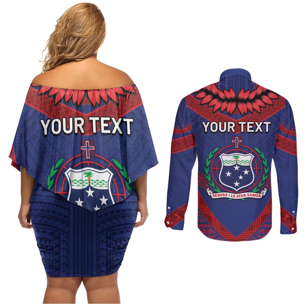 Personalised FAST Party Samoa Couples Matching Off Shoulder Short Dress and Long Sleeve Button Shirt Samoan Coat Of Arms Ulafala Style LT05 - Polynesian Pride