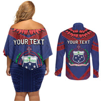 Personalised FAST Party Samoa Couples Matching Off Shoulder Short Dress and Long Sleeve Button Shirt Samoan Coat Of Arms Ulafala Style LT05 - Polynesian Pride