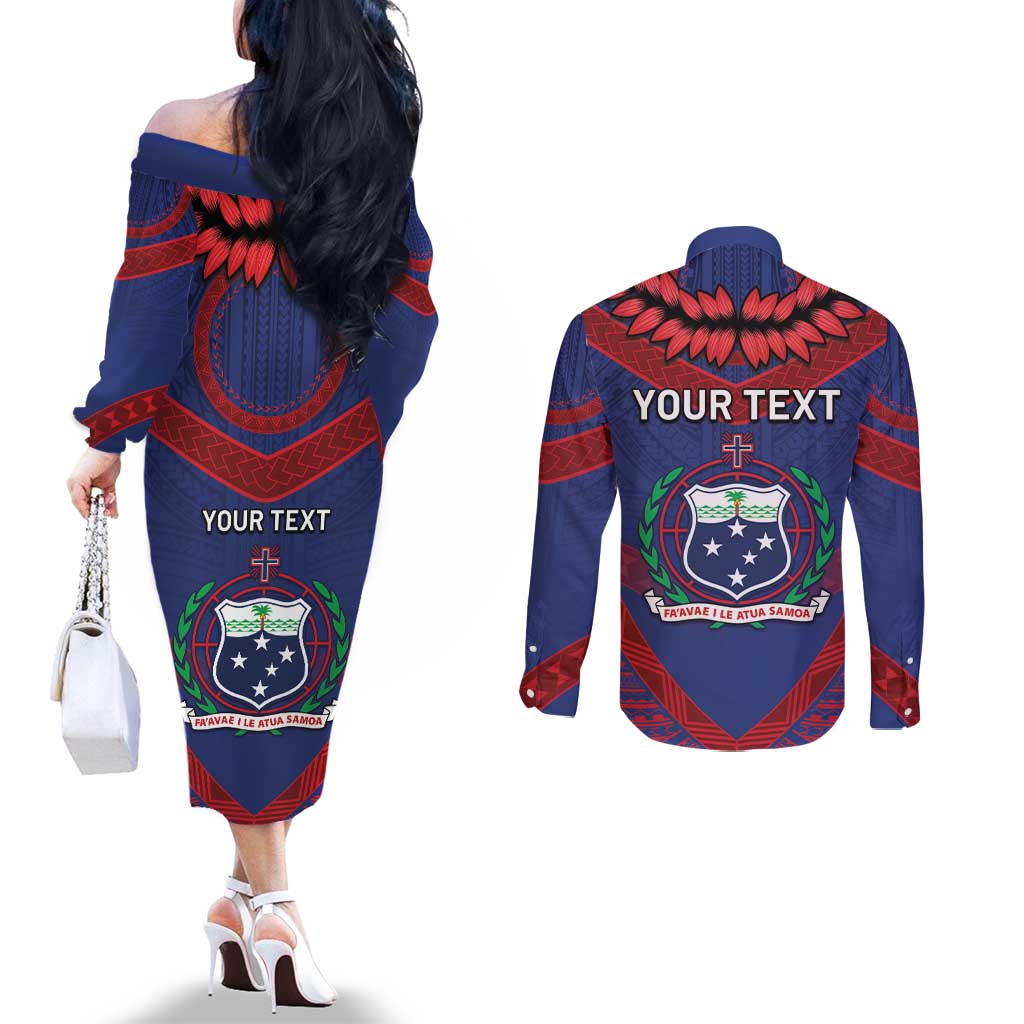 Personalised FAST Party Samoa Couples Matching Off The Shoulder Long Sleeve Dress and Long Sleeve Button Shirt Samoan Coat Of Arms Ulafala Style LT05 - Polynesian Pride