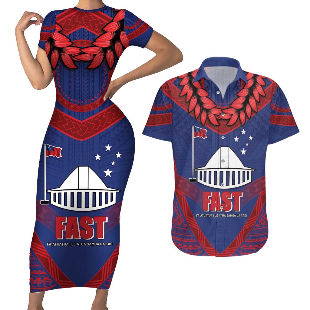 Personalised FAST Party Samoa Couples Matching Short Sleeve Bodycon Dress and Hawaiian Shirt Samoan Coat Of Arms Ulafala Style LT05 Blue - Polynesian Pride