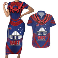 Personalised FAST Party Samoa Couples Matching Short Sleeve Bodycon Dress and Hawaiian Shirt Samoan Coat Of Arms Ulafala Style LT05 Blue - Polynesian Pride