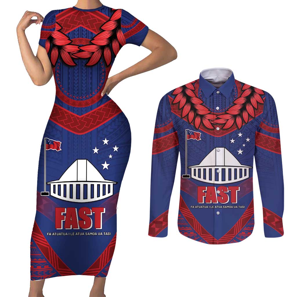 Personalised FAST Party Samoa Couples Matching Short Sleeve Bodycon Dress and Long Sleeve Button Shirt Samoan Coat Of Arms Ulafala Style LT05 Blue - Polynesian Pride