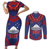 Personalised FAST Party Samoa Couples Matching Short Sleeve Bodycon Dress and Long Sleeve Button Shirt Samoan Coat Of Arms Ulafala Style LT05 Blue - Polynesian Pride