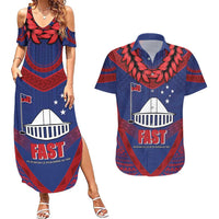 Personalised FAST Party Samoa Couples Matching Summer Maxi Dress and Hawaiian Shirt Samoan Coat Of Arms Ulafala Style LT05 Blue - Polynesian Pride