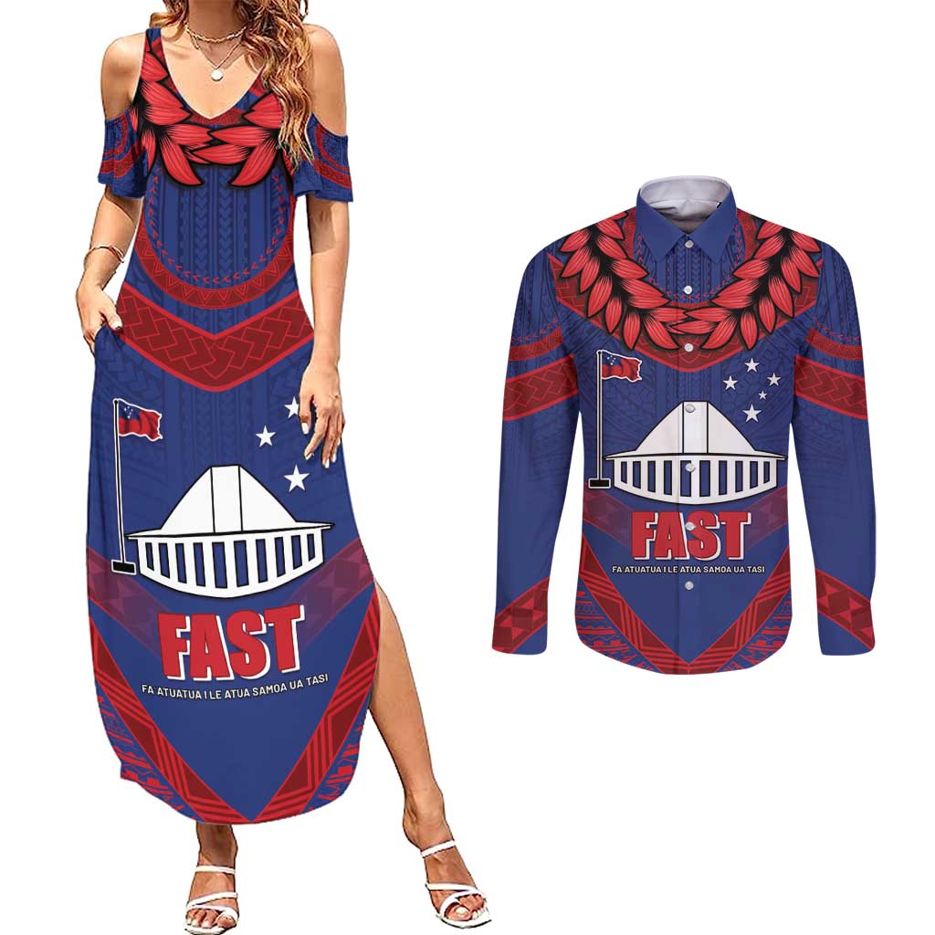 Personalised FAST Party Samoa Couples Matching Summer Maxi Dress and Long Sleeve Button Shirt Samoan Coat Of Arms Ulafala Style LT05 Blue - Polynesian Pride