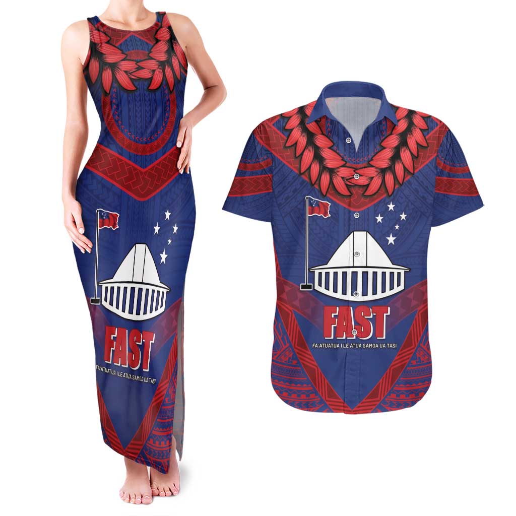 Personalised FAST Party Samoa Couples Matching Tank Maxi Dress and Hawaiian Shirt Samoan Coat Of Arms Ulafala Style LT05 Blue - Polynesian Pride
