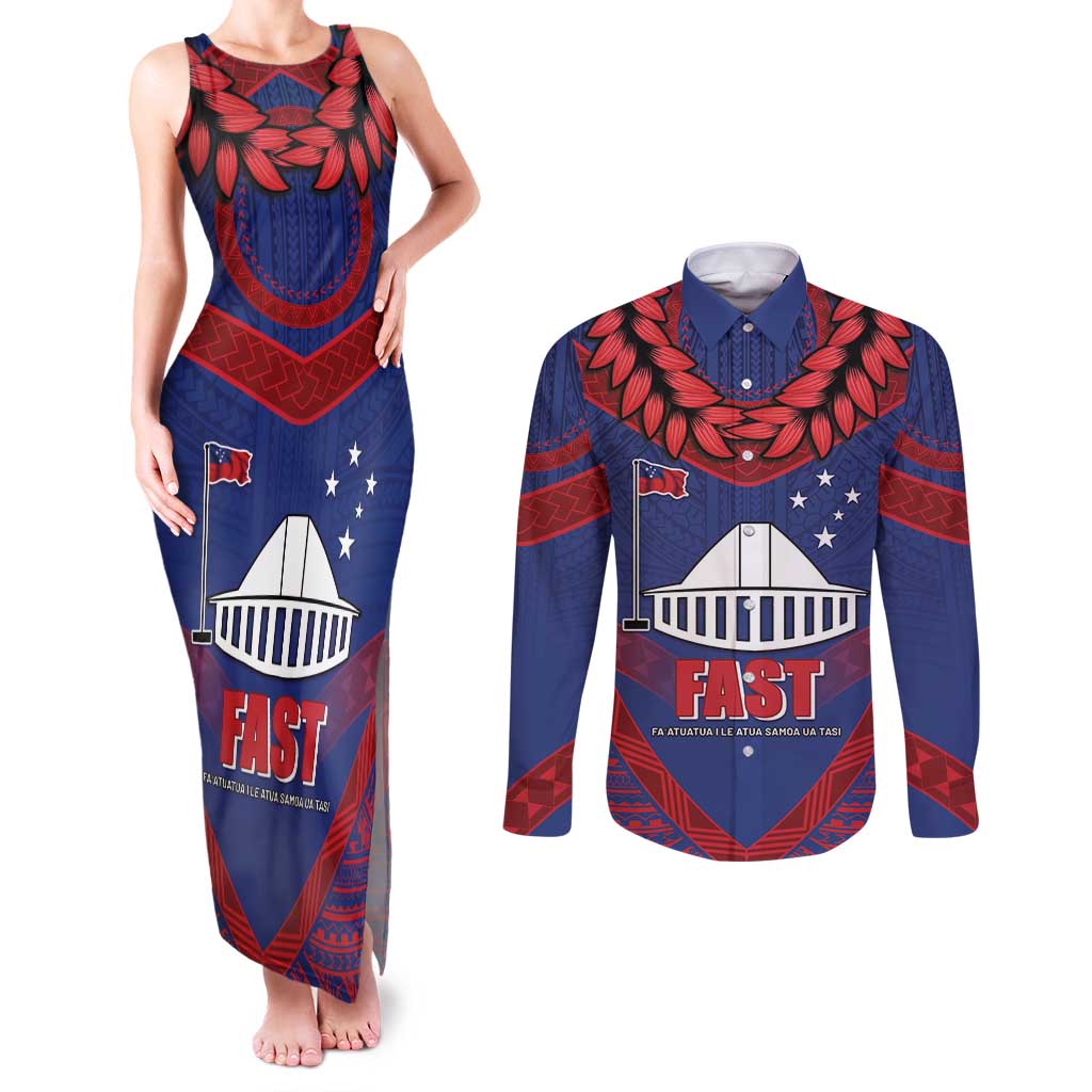 Personalised FAST Party Samoa Couples Matching Tank Maxi Dress and Long Sleeve Button Shirt Samoan Coat Of Arms Ulafala Style LT05 Blue - Polynesian Pride