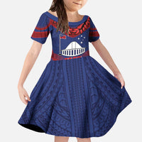Personalised FAST Party Samoa Family Matching Off The Shoulder Long Sleeve Dress and Hawaiian Shirt Samoan Coat Of Arms Ulafala Style LT05 Daughter's Dress Blue - Polynesian Pride