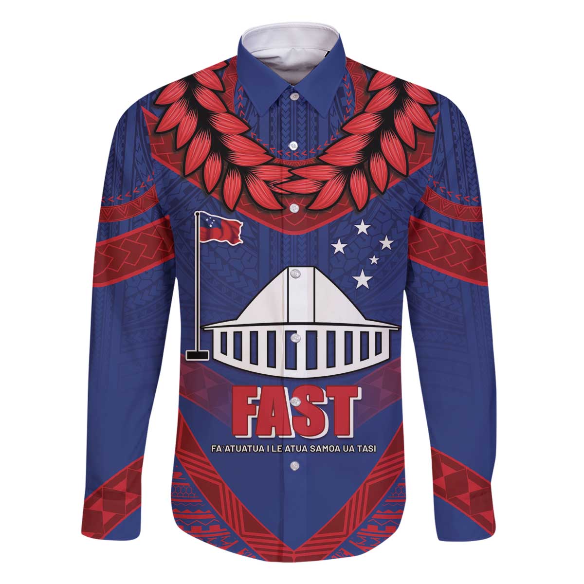 Personalised FAST Party Samoa Family Matching Off The Shoulder Long Sleeve Dress and Hawaiian Shirt Samoan Coat Of Arms Ulafala Style LT05 Dad's Shirt - Long Sleeve Blue - Polynesian Pride
