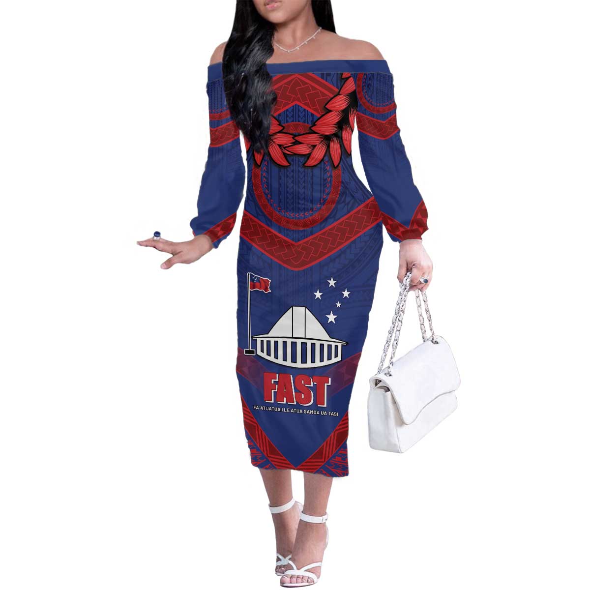 Personalised FAST Party Samoa Family Matching Off The Shoulder Long Sleeve Dress and Hawaiian Shirt Samoan Coat Of Arms Ulafala Style LT05 Mom's Dress Blue - Polynesian Pride