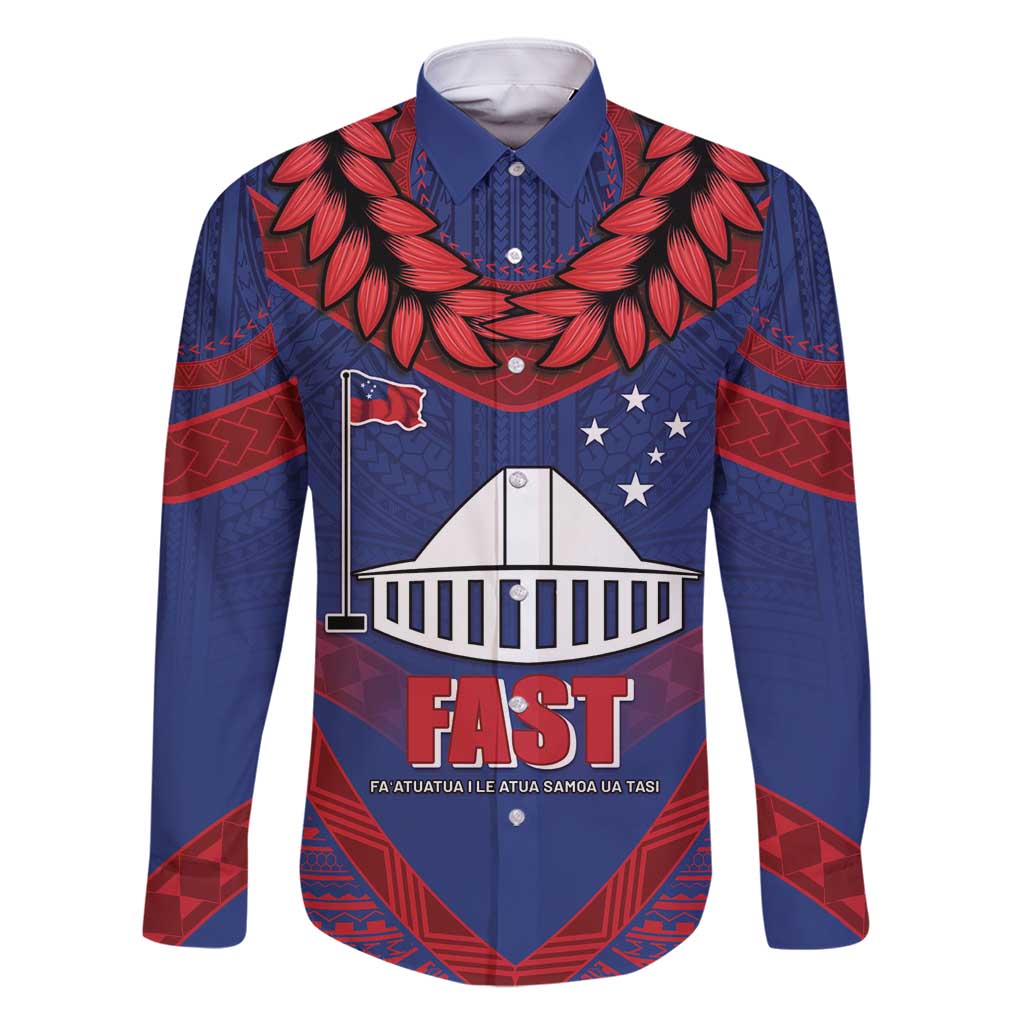 Personalised FAST Party Samoa Family Matching Off Shoulder Short Dress and Hawaiian Shirt Samoan Coat Of Arms Ulafala Style LT05 Dad's Shirt - Long Sleeve Blue - Polynesian Pride