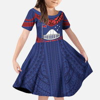 Personalised FAST Party Samoa Family Matching Puletasi and Hawaiian Shirt Samoan Coat Of Arms Ulafala Style LT05 Daughter's Dress Blue - Polynesian Pride
