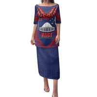 Personalised FAST Party Samoa Family Matching Puletasi and Hawaiian Shirt Samoan Coat Of Arms Ulafala Style LT05 Mom's Dress Blue - Polynesian Pride