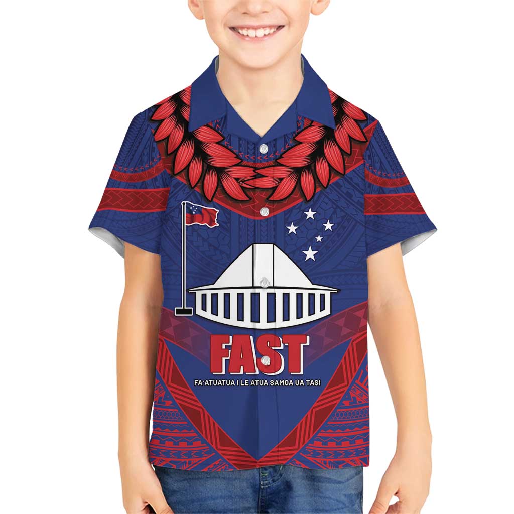 Personalised FAST Party Samoa Family Matching Puletasi and Hawaiian Shirt Samoan Coat Of Arms Ulafala Style LT05 Son's Shirt Blue - Polynesian Pride