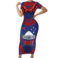Personalised FAST Party Samoa Family Matching Short Sleeve Bodycon Dress and Hawaiian Shirt Samoan Coat Of Arms Ulafala Style LT05 Mom's Dress Blue - Polynesian Pride
