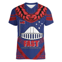 Personalised FAST Party Samoa Women V-Neck T-Shirt Samoan Coat Of Arms Ulafala Style LT05 Female Blue - Polynesian Pride