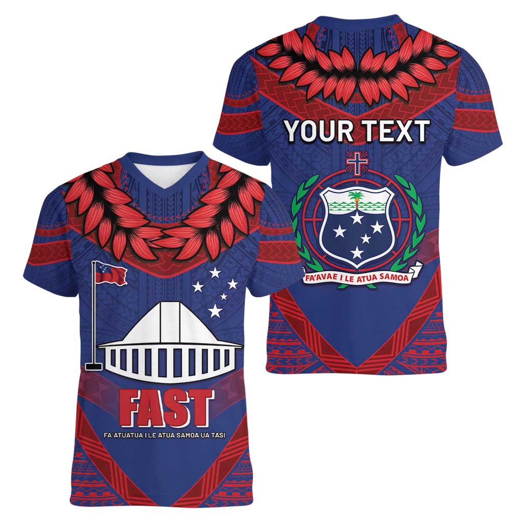 Personalised FAST Party Samoa Women V-Neck T-Shirt Samoan Coat Of Arms Ulafala Style LT05 - Polynesian Pride