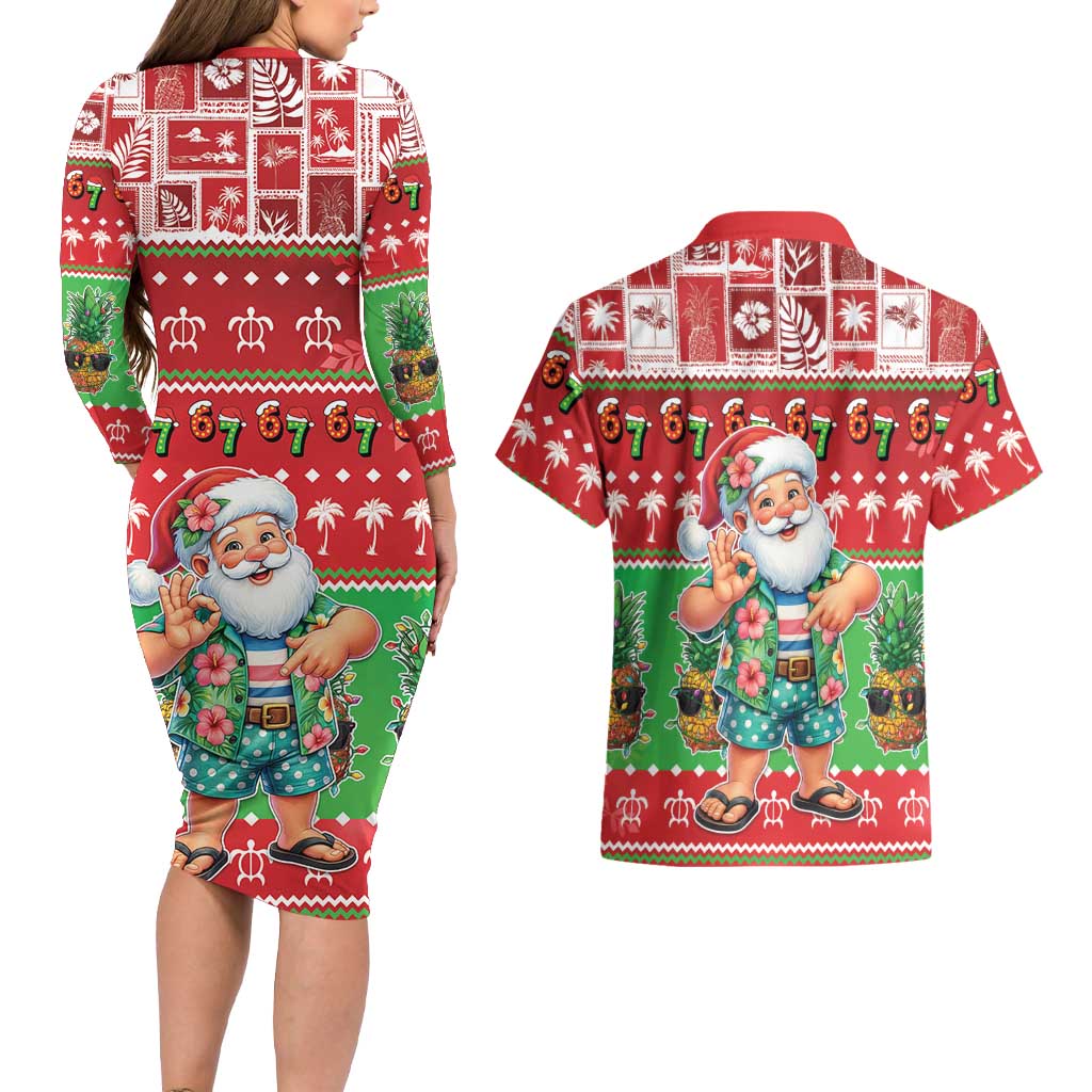Mele Kalikimaka Hawaii Christmas Couples Matching Long Sleeve Bodycon Dress and Hawaiian Shirt Funny Santa 67 Gen Alpha Slang LT05 - Polynesian Pride