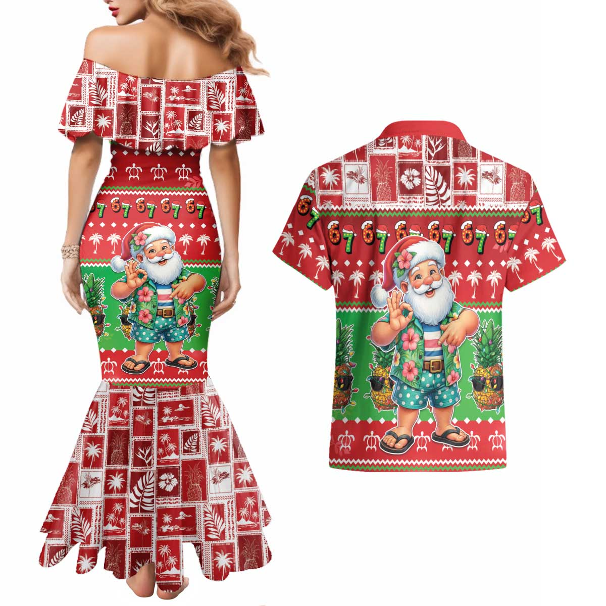 Mele Kalikimaka Hawaii Christmas Couples Matching Mermaid Dress and Hawaiian Shirt Funny Santa 67 Gen Alpha Slang LT05 - Polynesian Pride