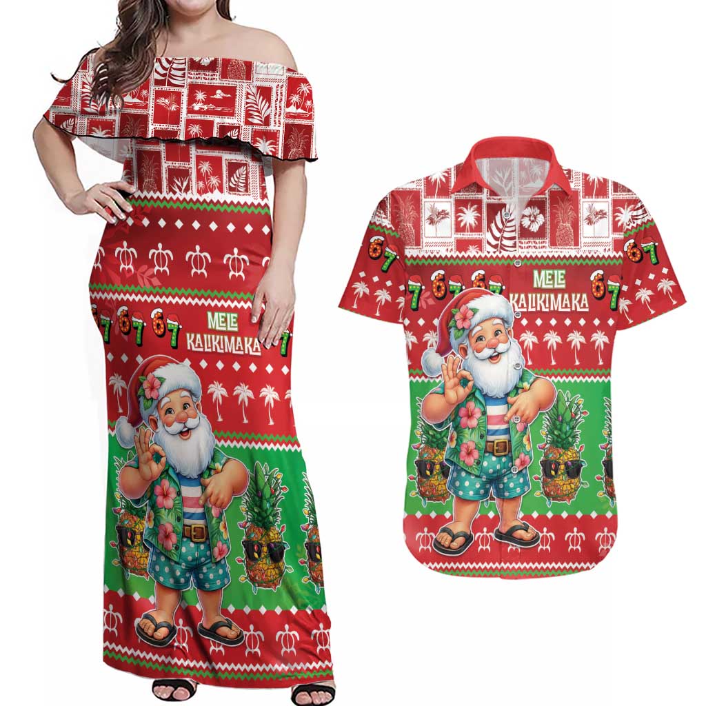 Mele Kalikimaka Hawaii Christmas Couples Matching Off Shoulder Maxi Dress and Hawaiian Shirt Funny Santa 67 Gen Alpha Slang LT05 Red - Polynesian Pride