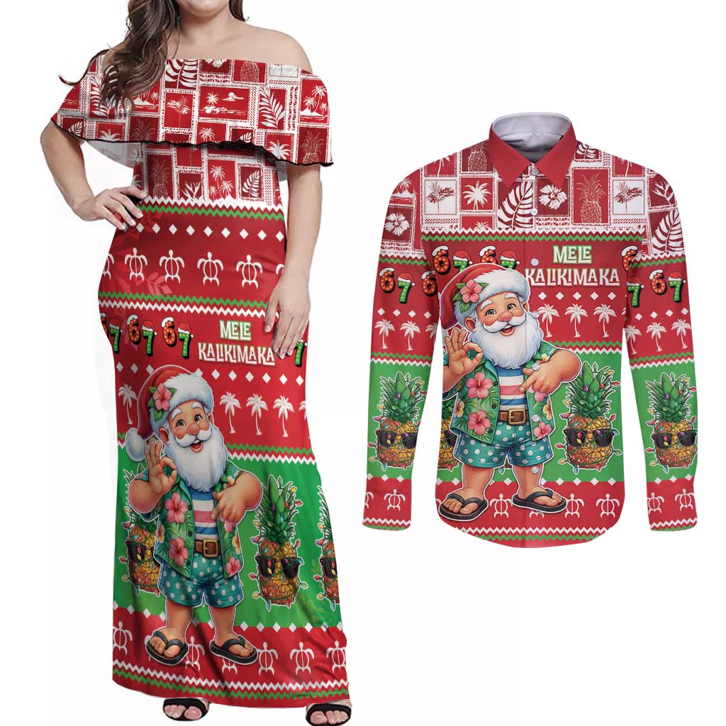Mele Kalikimaka Hawaii Christmas Couples Matching Off Shoulder Maxi Dress and Long Sleeve Button Shirt Funny Santa 67 Gen Alpha Slang LT05 Red - Polynesian Pride