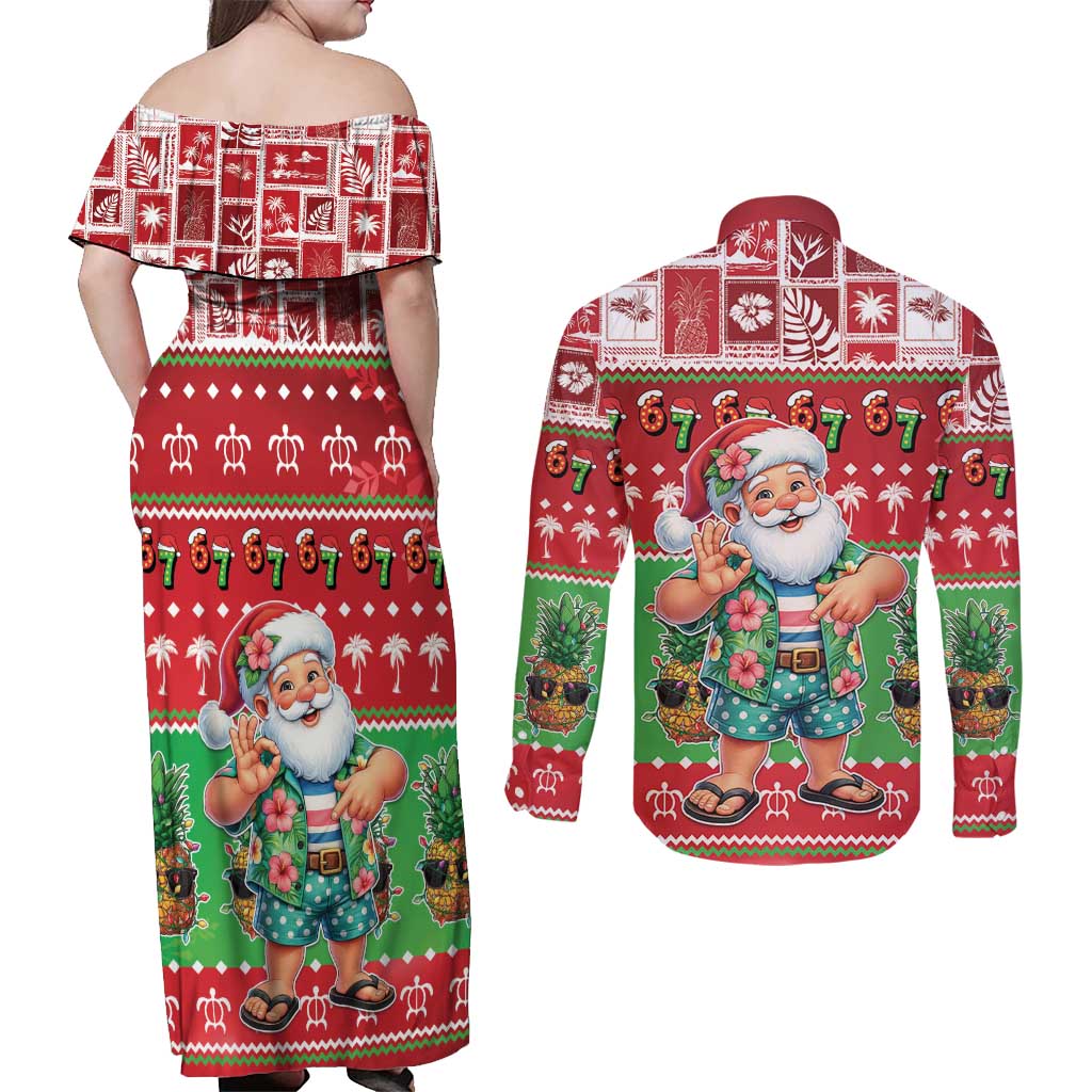 Mele Kalikimaka Hawaii Christmas Couples Matching Off Shoulder Maxi Dress and Long Sleeve Button Shirt Funny Santa 67 Gen Alpha Slang LT05 - Polynesian Pride