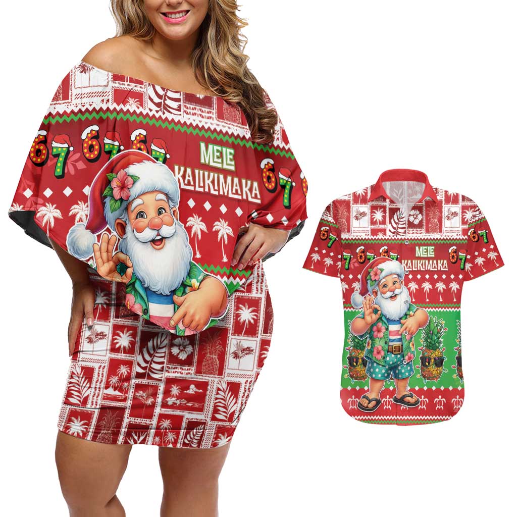 Mele Kalikimaka Hawaii Christmas Couples Matching Off Shoulder Short Dress and Hawaiian Shirt Funny Santa 67 Gen Alpha Slang LT05 Red - Polynesian Pride