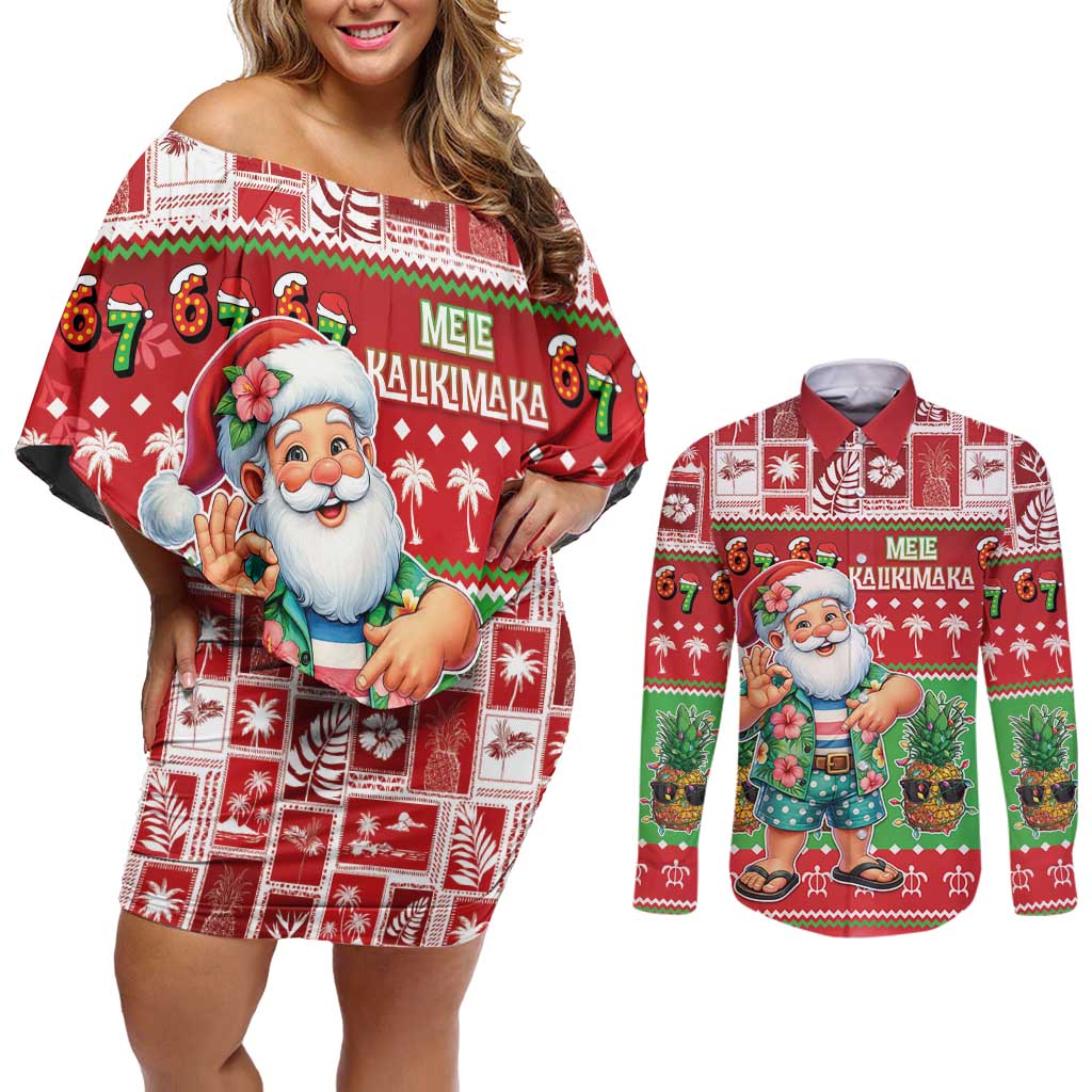 Mele Kalikimaka Hawaii Christmas Couples Matching Off Shoulder Short Dress and Long Sleeve Button Shirt Funny Santa 67 Gen Alpha Slang LT05 Red - Polynesian Pride