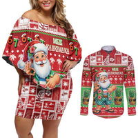 Mele Kalikimaka Hawaii Christmas Couples Matching Off Shoulder Short Dress and Long Sleeve Button Shirt Funny Santa 67 Gen Alpha Slang LT05 Red - Polynesian Pride