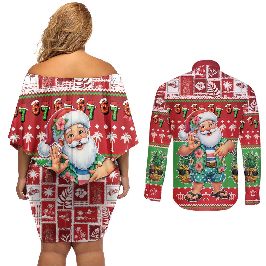 Mele Kalikimaka Hawaii Christmas Couples Matching Off Shoulder Short Dress and Long Sleeve Button Shirt Funny Santa 67 Gen Alpha Slang LT05 - Polynesian Pride