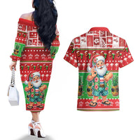 Mele Kalikimaka Hawaii Christmas Couples Matching Off The Shoulder Long Sleeve Dress and Hawaiian Shirt Funny Santa 67 Gen Alpha Slang LT05 - Polynesian Pride