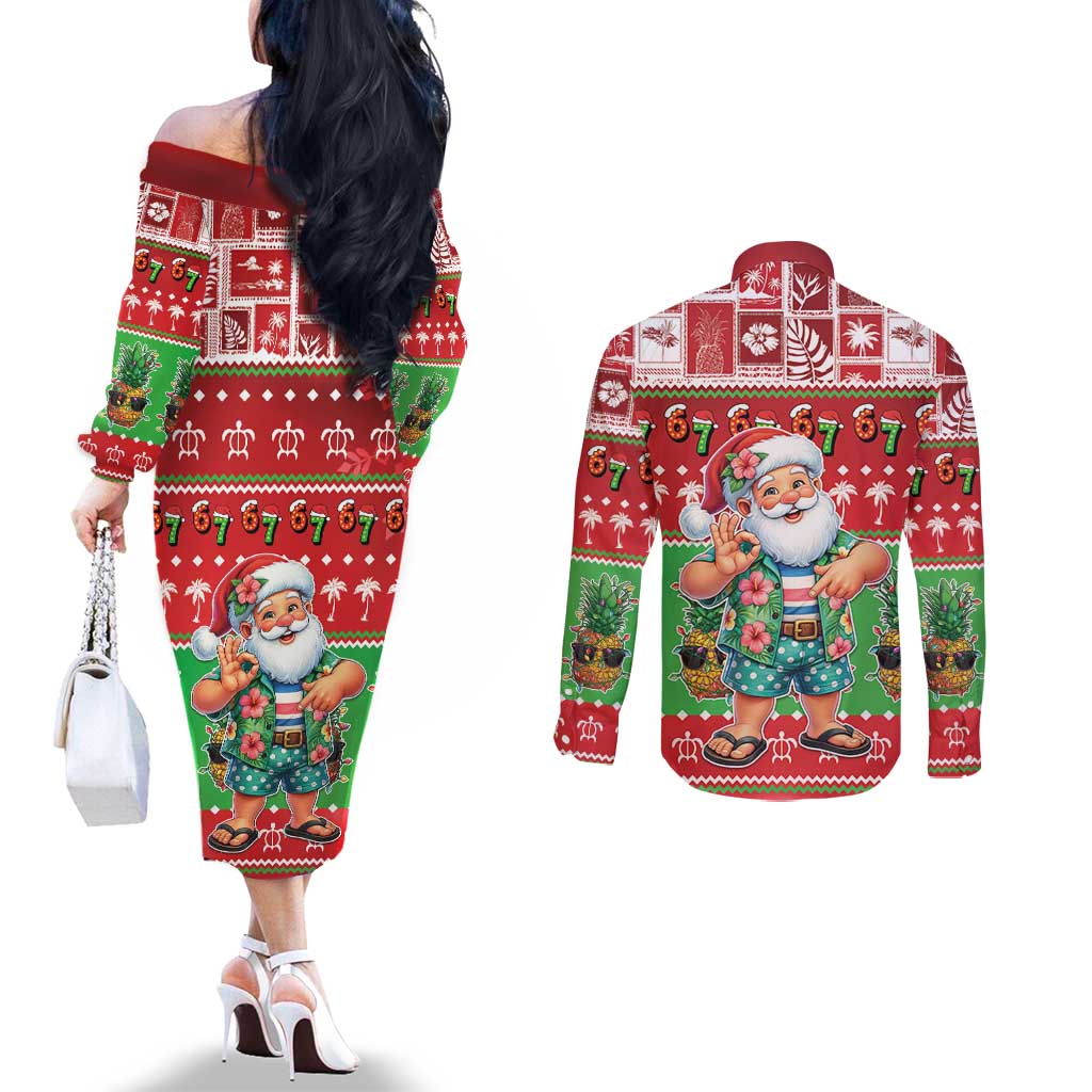 Mele Kalikimaka Hawaii Christmas Couples Matching Off The Shoulder Long Sleeve Dress and Long Sleeve Button Shirt Funny Santa 67 Gen Alpha Slang LT05 - Polynesian Pride